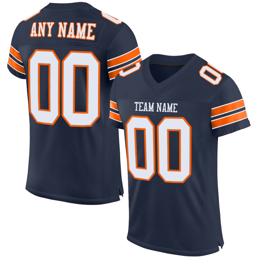 Custom Name and Number Personalized Football Jersey - Navy White-Orange Mesh Authentic Team Jersey Personalized Navy White-Orange