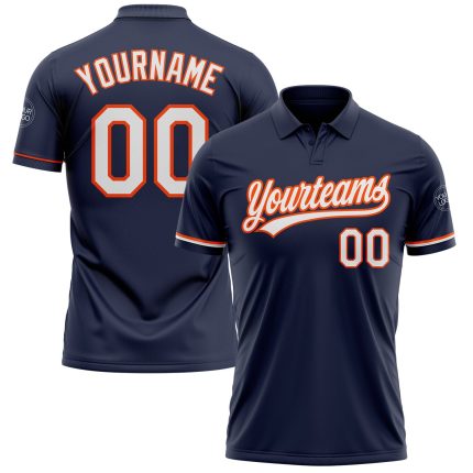 Custom Team Name Number Golf Polo Shirt - Personalized Navy White-Orange Performance Vapor Style Personalized Navy White-Orange