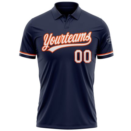 Custom Team Name Number Golf Polo Shirt - Personalized Navy White-Orange Performance Vapor Style Personalized Navy White-Orange