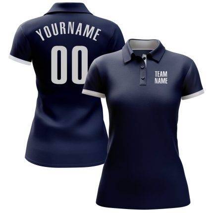 Custom Name and Number Navy White Performance Golf Polo Shirt - Personalized Team Apparel Personalized Navy White Performance