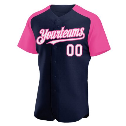 Custom Navy White-Pink Baseball Jersey with Name and Number | Personalized Authentic Raglan Sleeves Team Apparel Personalized