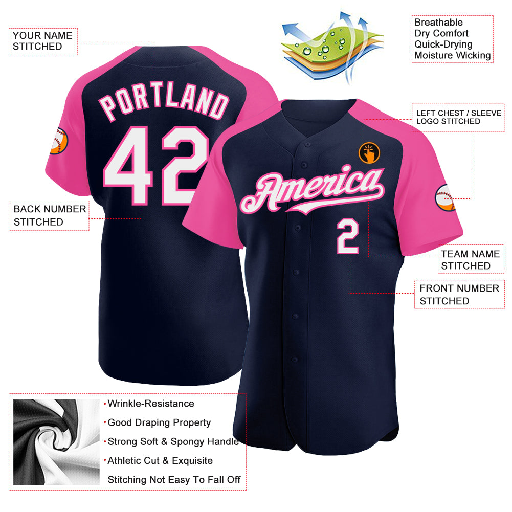 Personalized Navy White-Pink Authentic Raglan Sleeves Baseball Jersey Team Custom Name and Number Custom Navy White-Pink Baseball Jersey with Name and Number | Personalized Authentic Raglan Sleeves Team Apparel Personalized - Image 3