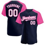 Custom Navy White-Pink Baseball Jersey with Name and Number | Personalized Authentic Raglan Sleeves Team Apparel Personalized