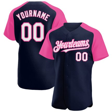 Custom Navy White-Pink Baseball Jersey with Name and Number | Personalized Authentic Raglan Sleeves Team Apparel Personalized