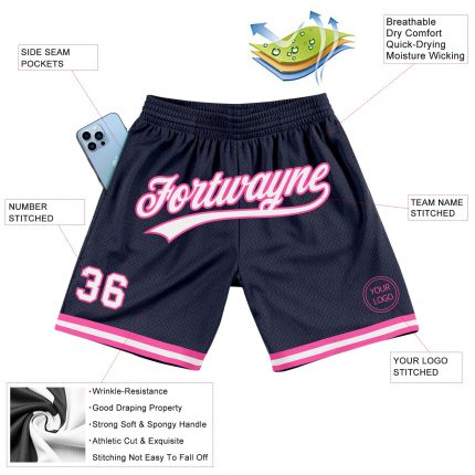 Custom Name and Number Personalized Throwback Basketball Shorts Navy Pink White Personalized Navy White-Pink Authentic Throwback