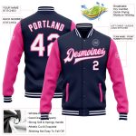 Custom Team Name and Number Navy White Pink Two Tone Bomber Varsity Full-Snap Letterman Jacket Personalized Navy White-Pink
