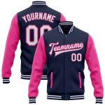 Custom Team Name and Number Navy White Pink Two Tone Bomber Varsity Full-Snap Letterman Jacket Personalized Navy White-Pink