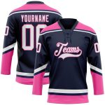 Custom Name Number Jersey - Personalized Navy White-Pink Hockey Lace Neck Team Apparel Personalized Navy White-Pink Hockey