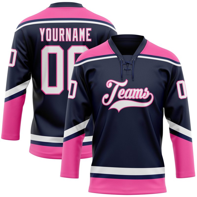 Custom Name Number Jersey - Personalized Navy White-Pink Hockey Lace Neck Team Apparel Personalized Navy White-Pink Hockey