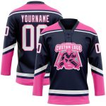 Custom Name Number Jersey - Personalized Navy White-Pink Hockey Lace Neck Team Apparel Personalized Navy White-Pink Hockey
