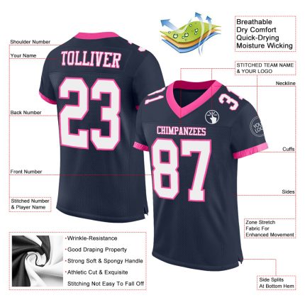 Custom Team Football Jersey with Personalized Name and Number - Navy White Pink Mesh Authentic Design Personalized Navy White-Pink