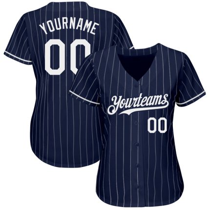 Custom Name Number Authentic Baseball Jersey - Personalized Navy White Pinstripe Design Personalized Navy White Pinstripe