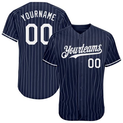 Custom Name Number Authentic Baseball Jersey - Personalized Navy White Pinstripe Design Personalized Navy White Pinstripe