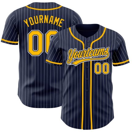 Personalized Gold Authentic Baseball Jersey - Navy White Pinstripe Design Personalized Navy White Pinstripe Gold Authentic