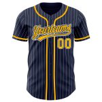 Personalized Gold Authentic Baseball Jersey - Navy White Pinstripe Design Personalized Navy White Pinstripe Gold Authentic