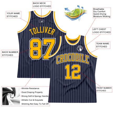 Custom Name Number Personalized Navy White Pinstripe Gold Basketball Jersey Authentic Personalized Navy White Pinstripe Gold