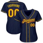 Custom Name Number Authentic Baseball Jersey - Navy White Pinstripe Gold Orange Personalized Navy White Pinstripe Gold-Orange