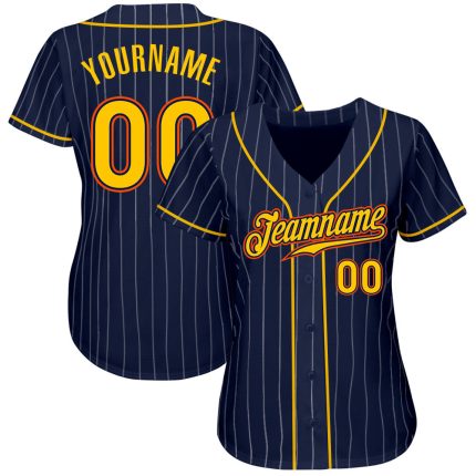 Custom Name Number Authentic Baseball Jersey - Navy White Pinstripe Gold Orange Personalized Navy White Pinstripe Gold-Orange