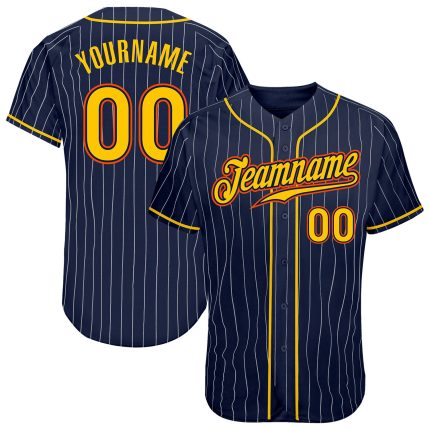 Custom Name Number Authentic Baseball Jersey - Navy White Pinstripe Gold Orange Personalized Navy White Pinstripe Gold-Orange