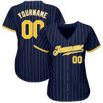 Personalized Custom Name Number Authentic Baseball Jersey Navy White Pinstripe Gold White Personalized Navy White Pinstripe