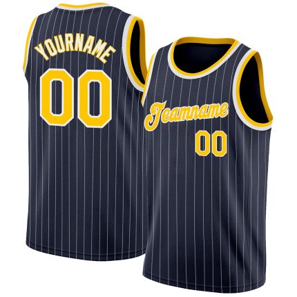 Custom Name Number Authentic Basketball Jersey Navy White Pinstripe Gold White Personalized Navy White Pinstripe Gold-White