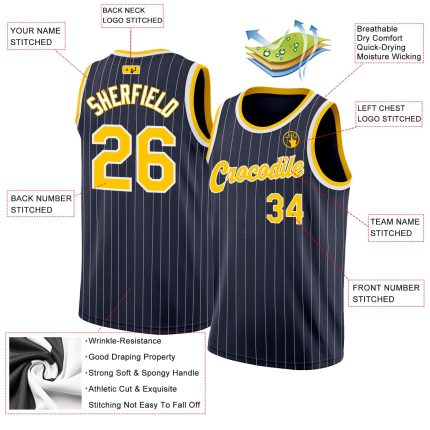 Custom Name Number Authentic Basketball Jersey Navy White Pinstripe Gold White Personalized Navy White Pinstripe Gold-White