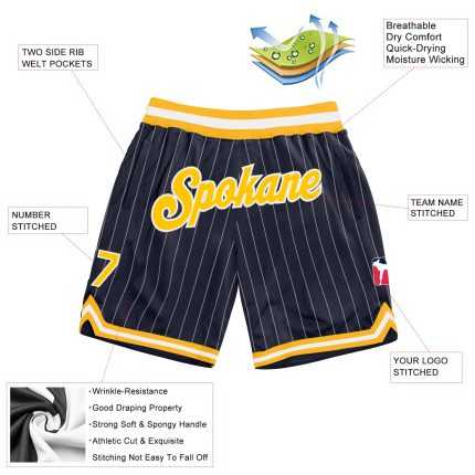 Custom Team Name Number Authentic Basketball Shorts Navy White Pinstripe Gold Design Personalized Navy White Pinstripe Gold-White