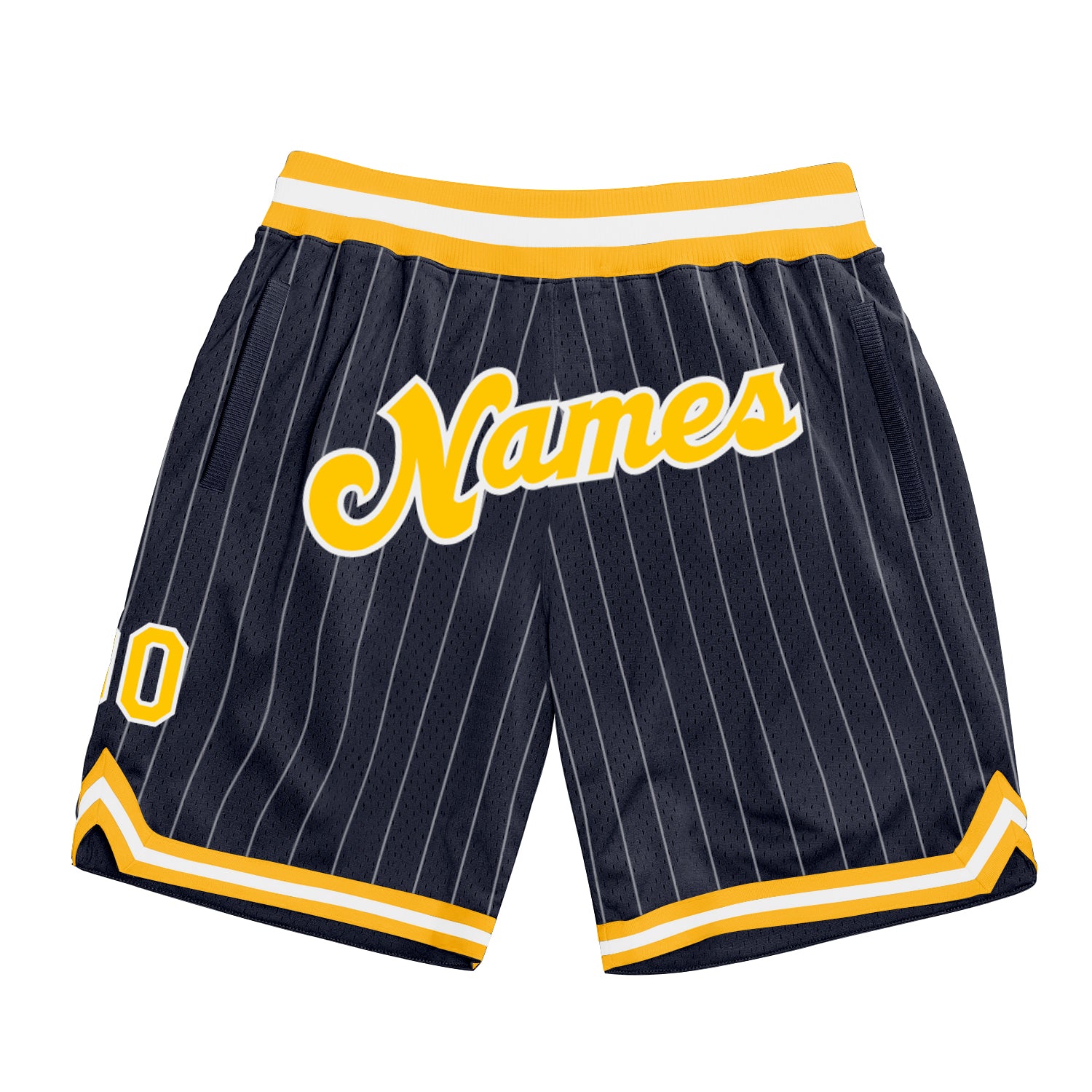Custom Team Name Number Authentic Basketball Shorts Navy White Pinstripe Gold Design Personalized Navy White Pinstripe Gold-White