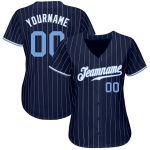 Custom Team Name Number Personalized Navy White Pinstripe Baseball Jersey Light Blue-White Authentic Personalized Navy White