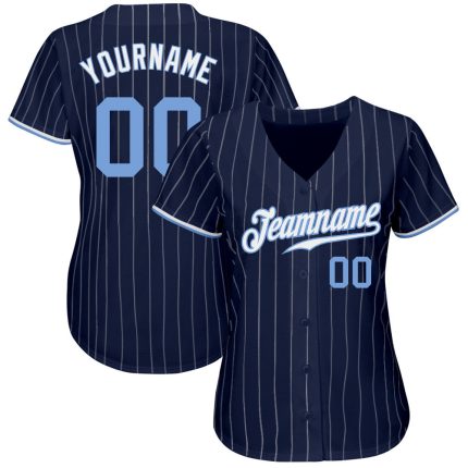 Custom Team Name Number Personalized Navy White Pinstripe Baseball Jersey Light Blue-White Authentic Personalized Navy White
