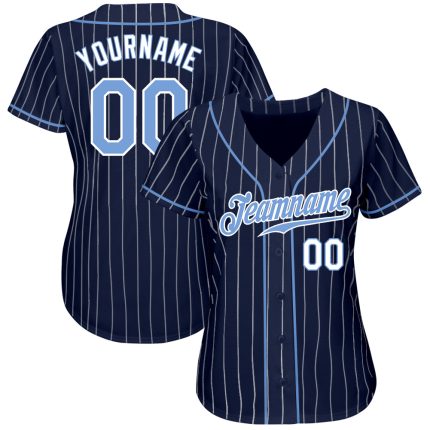 Personalized Authentic Baseball Jersey Light Blue White Navy Pinstripe Personalized Navy White Pinstripe Light Blue-White