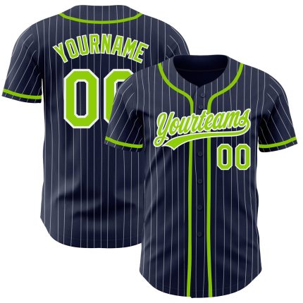 Personalized Custom Name and Number Authentic Baseball Jersey - Navy White Pinstripe with Neon Green Details Personalized