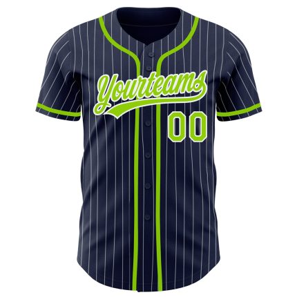 Personalized Custom Name and Number Authentic Baseball Jersey - Navy White Pinstripe with Neon Green Details Personalized