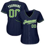 Custom Name Number Baseball Jersey - Personalized Authentic Navy White Pinstripe with Neon Green Accent Personalized Navy