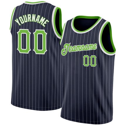 Custom Personalized Basketball Jersey Neon Green White Navy Pinstripe with Name and Number Personalized Navy White Pinstripe