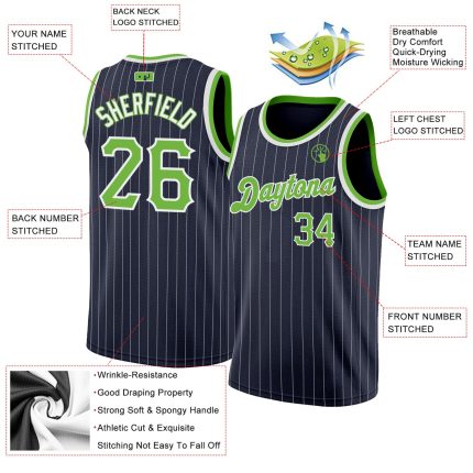 Custom Personalized Basketball Jersey Neon Green White Navy Pinstripe with Name and Number Personalized Navy White Pinstripe