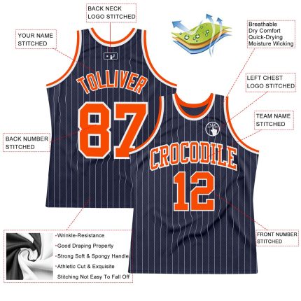 Custom Name Number Basketball Jersey - Personalized Navy White Pinstripe Orange Authentic Team Apparel Personalized Navy