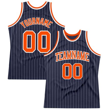 Custom Name Number Basketball Jersey - Personalized Navy White Pinstripe Orange Authentic Team Apparel Personalized Navy