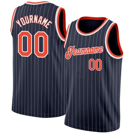 Customizable Basketball Jersey with Personalized Name and Number - Navy White Pinstripe Orange White Design Personalized