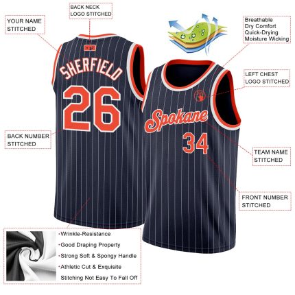 Customizable Basketball Jersey with Personalized Name and Number - Navy White Pinstripe Orange White Design Personalized