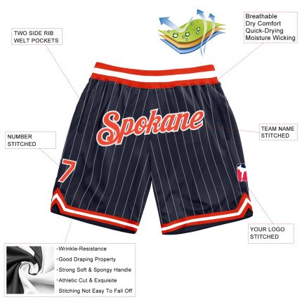 Custom Team Basketball Shorts with Personalized Name and Number - Navy White Pinstripe Orange-White Design Personalized Navy