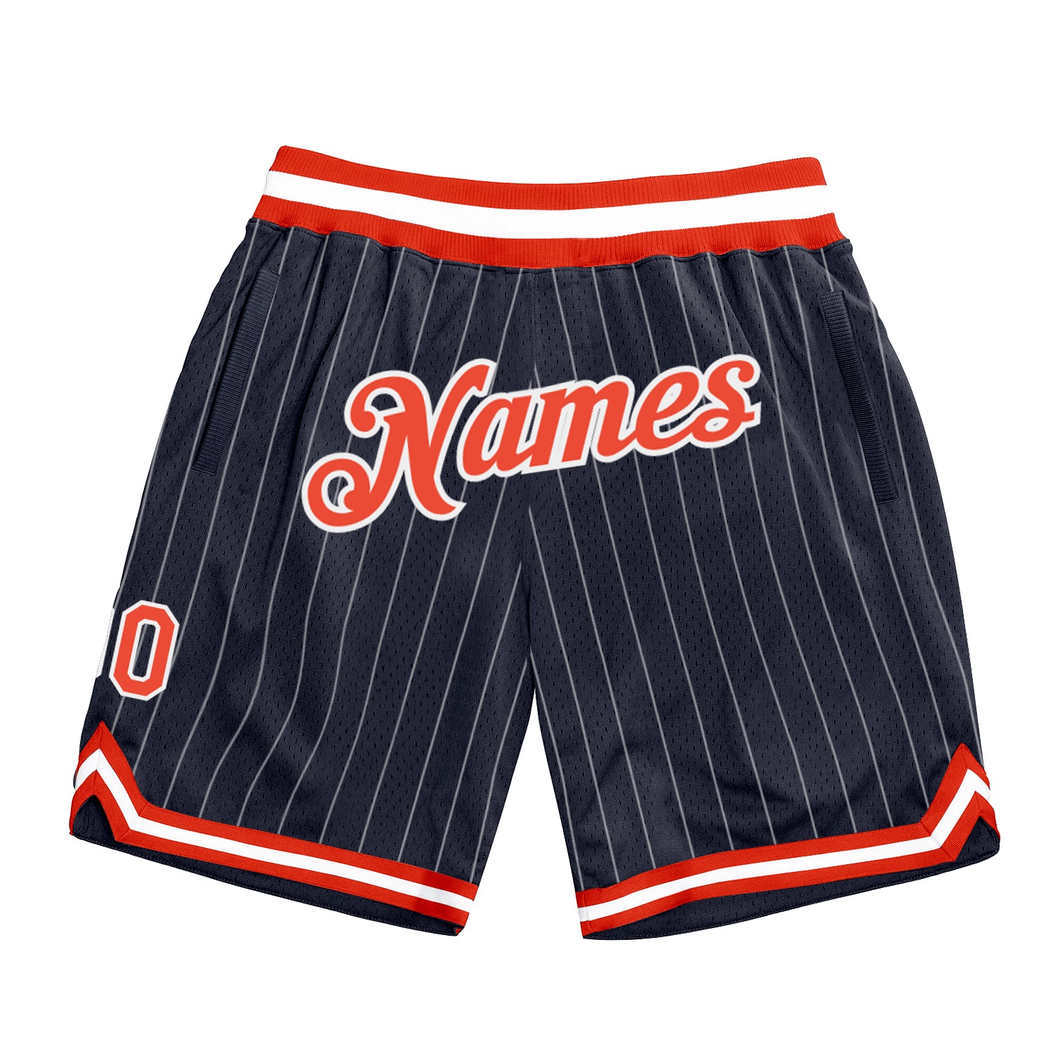 Custom Team Basketball Shorts with Personalized Name and Number - Navy White Pinstripe Orange-White Design Personalized Navy