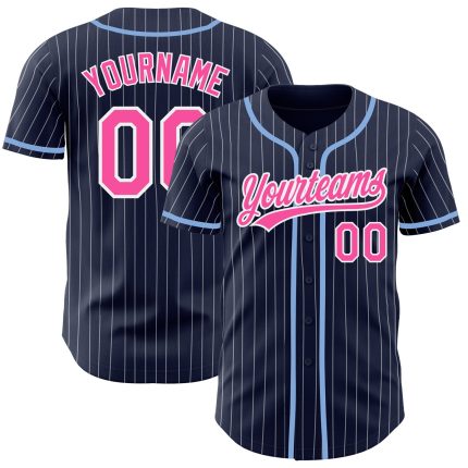 Custom Name Number Authentic Baseball Jersey - Personalized Navy White Pinstripe Personalized Navy White Pinstripe Pink Authentic