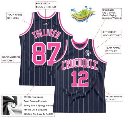 Custom Name and Number Personalized Basketball Jersey - Navy White Pinstripe Design in Pink Authentic Style Personalized