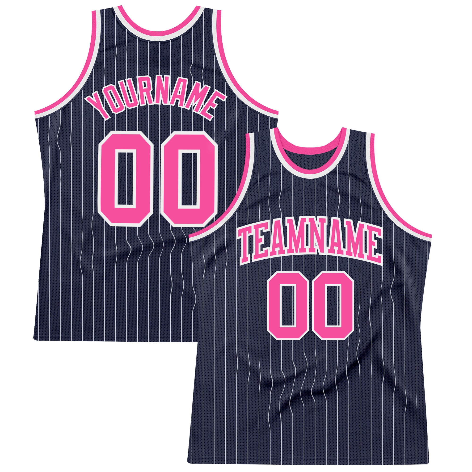 Custom Name and Number Personalized Basketball Jersey - Navy White Pinstripe Design in Pink Authentic Style Personalized