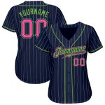 Custom Name & Number Baseball Jersey - Personalized Navy White Pinstripe with Pink & Neon Green Personalized Navy White Pinstripe