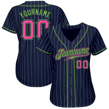 Custom Name & Number Baseball Jersey - Personalized Navy White Pinstripe with Pink & Neon Green Personalized Navy White Pinstripe