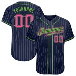 Custom Name & Number Baseball Jersey - Personalized Navy White Pinstripe with Pink & Neon Green Personalized Navy White Pinstripe