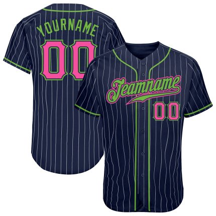 Custom Name & Number Baseball Jersey - Personalized Navy White Pinstripe with Pink & Neon Green Personalized Navy White Pinstripe