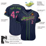 Custom Name & Number Baseball Jersey - Personalized Navy White Pinstripe with Pink & Neon Green Personalized Navy White Pinstripe